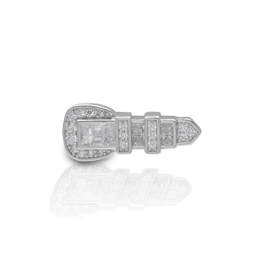 Designed to have the look of the magnificent Texas Ranger buckle this piece will compliment any tie or jacket. The Kelly Herd Clear Ranger Style Buckle Tie Tack is crafted out of sterling silver in the style of a traditional ranger buckle and accented with 2 different cuts of clear cubic zirconia stones. It's a perfect gift for the refined gentleman. 