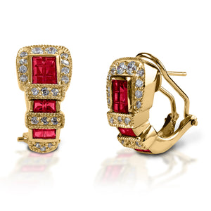 Western belt buckles for your ears! Kelly Herd Ranger Style Buckle Earrings are finely detailed replicas of a classic three piece western buckle set, enhanced with square rubies and round diamonds. Available in your choice of white, or yellow 14k gold. Made with a French clip and post back.  Features      Western belt buckle style earrings.     Ruby and diamonds     Available in white, or yellow 14k gold     French clip and post back     8mm x16mm