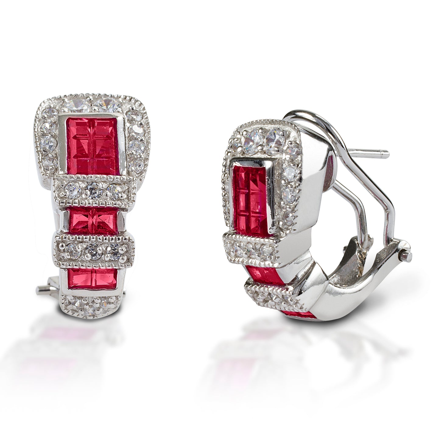 Western belt buckles for your ears! Kelly Herd Ranger Style Buckle Earrings are finely detailed replicas of a classic three piece western buckle set, enhanced with square rubies and round diamonds. Available in your choice of white, or yellow 14k gold. Made with a French clip and post back.  Features      Western belt buckle style earrings.     Ruby and diamonds     Available in white, or yellow 14k gold     French clip and post back     8mm x16mm