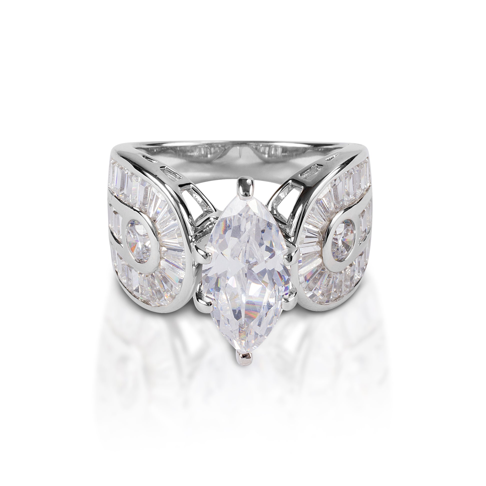     Statement ring with equestrian theme     Sterling silver with single clear marquise cut CZ stone     Double horseshoes with pavé set CZ     12 mm wide