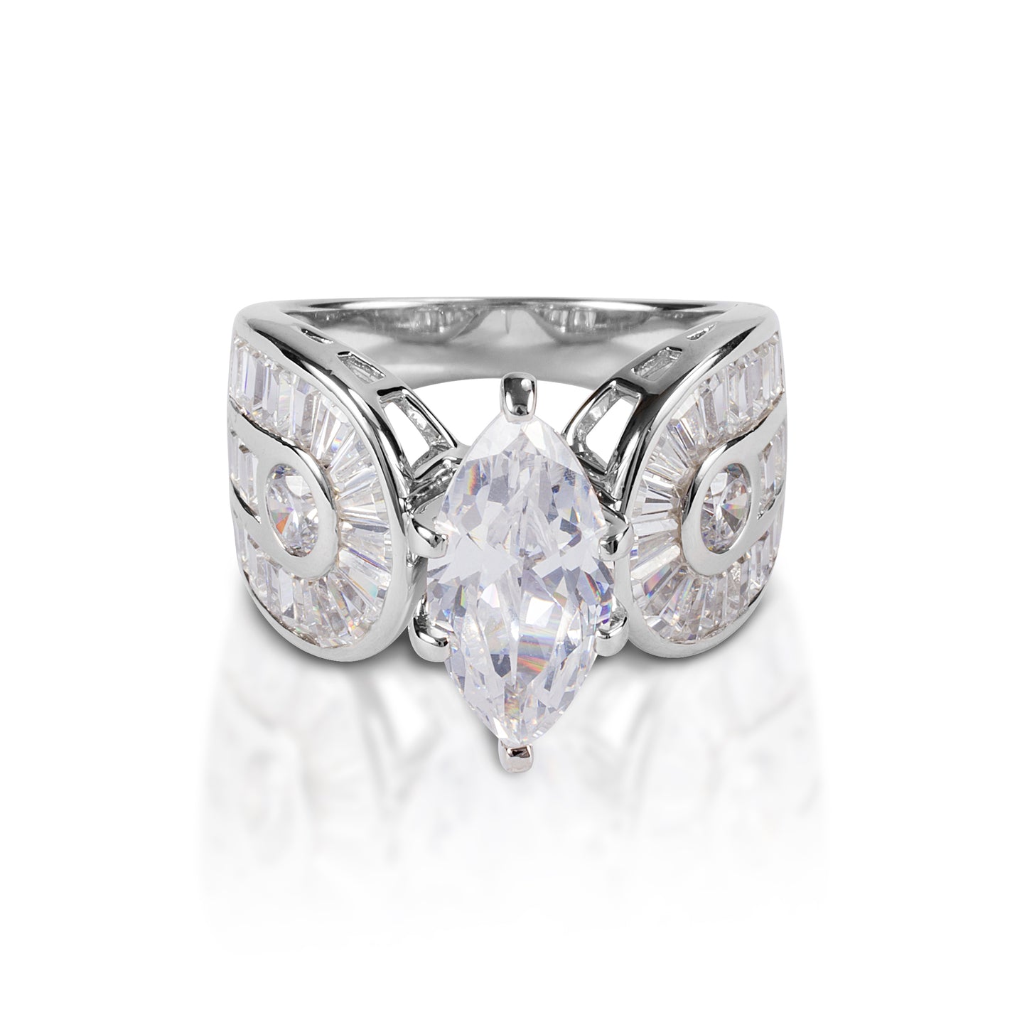     Statement ring with equestrian theme     White or yellow gold with single clear marquise cut diamond     Double horseshoes with pavé set diamonds     12mm wide