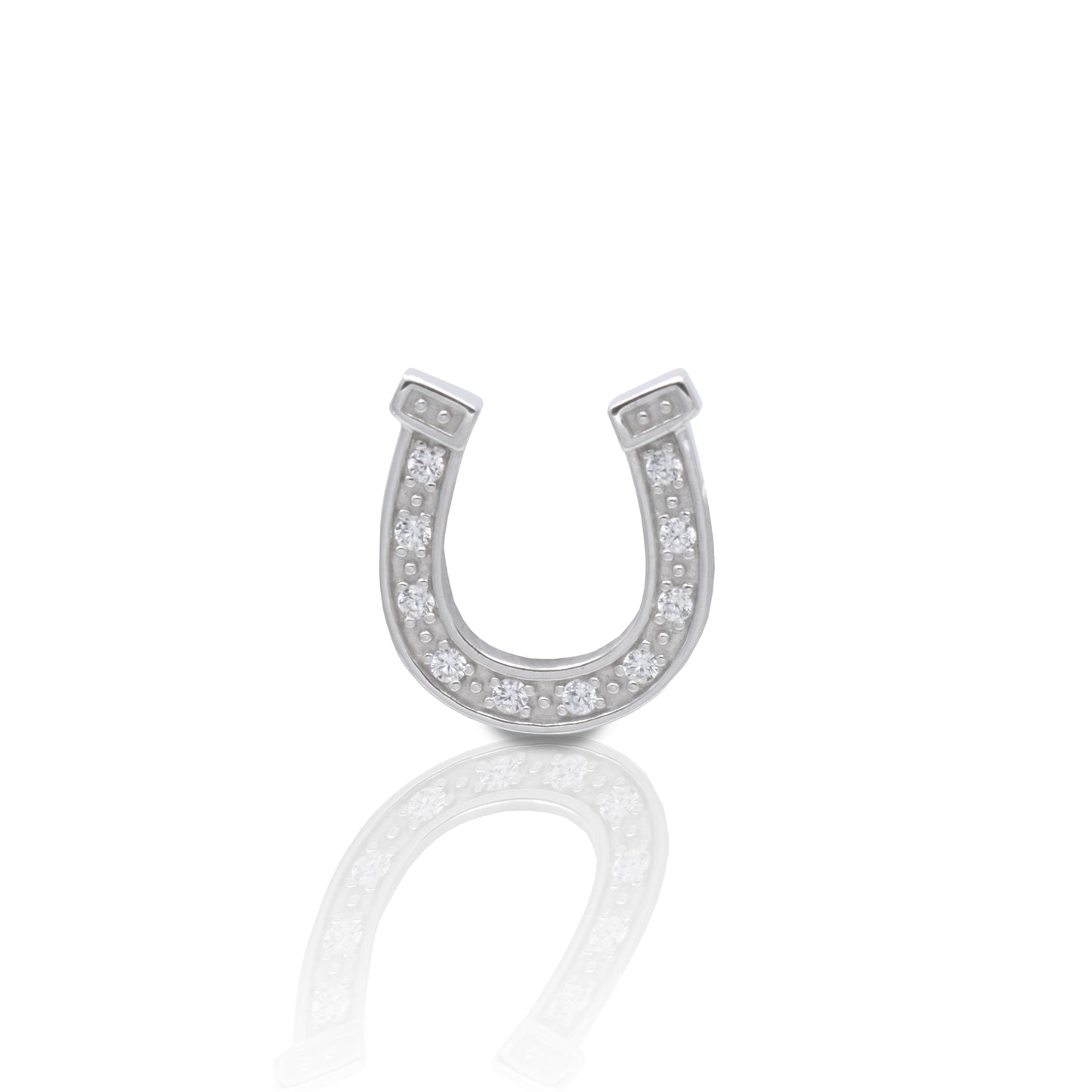     Detailed Horseshoe Design     Enhanced with Clear Cubic Zirconia Stones     Measures 15mm high x 10mm wide     Straight Pin Catch     Sterling Silver