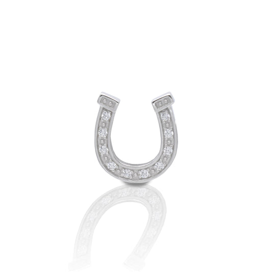    Detailed Horseshoe Design     Enhanced with Clear Cubic Zirconia Stones     Measures 15mm high x 10mm wide     Straight Pin Catch     Sterling Silver
