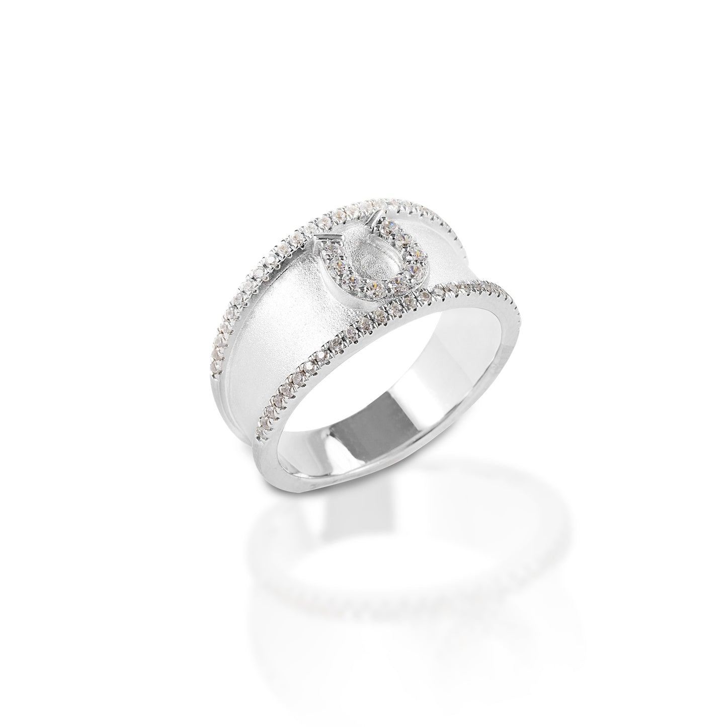     Wide band     Raised edge with cubic zirconia     Sterling silver     Clear cubic zirconia horseshoe