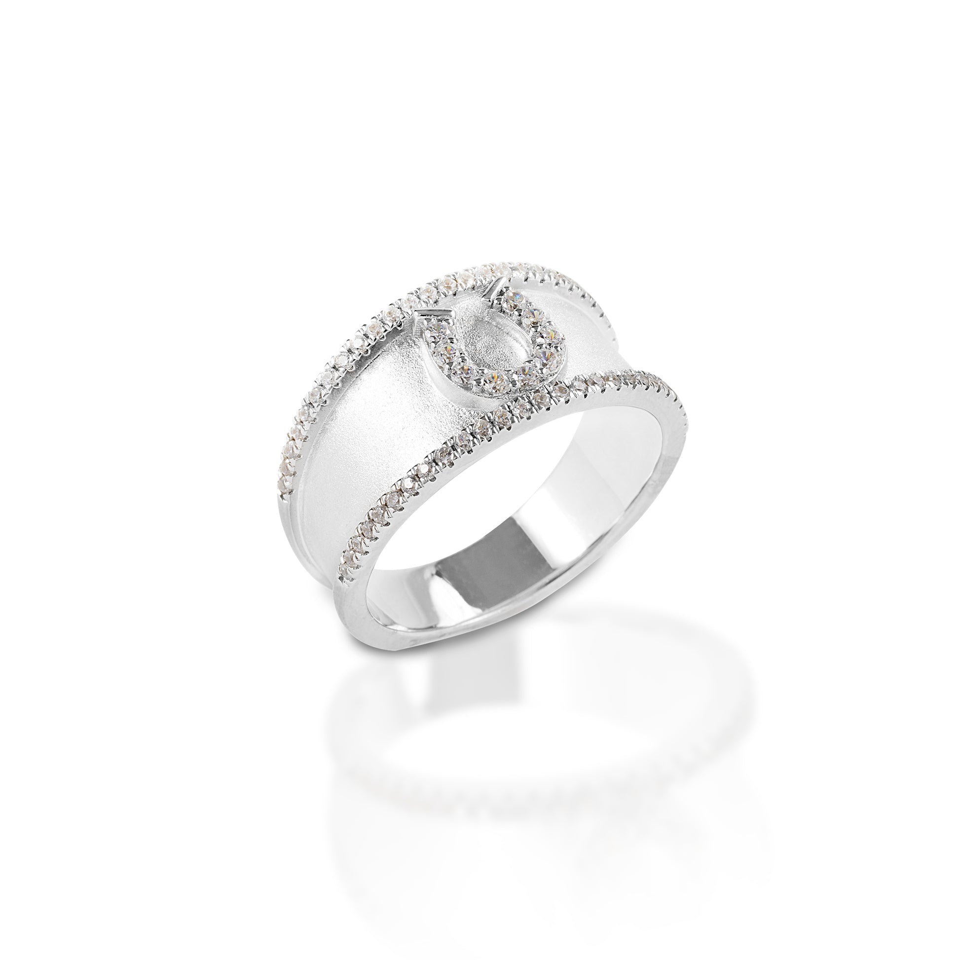     Wide band     Raised edge with cubic zirconia     Sterling silver     Clear cubic zirconia horseshoe