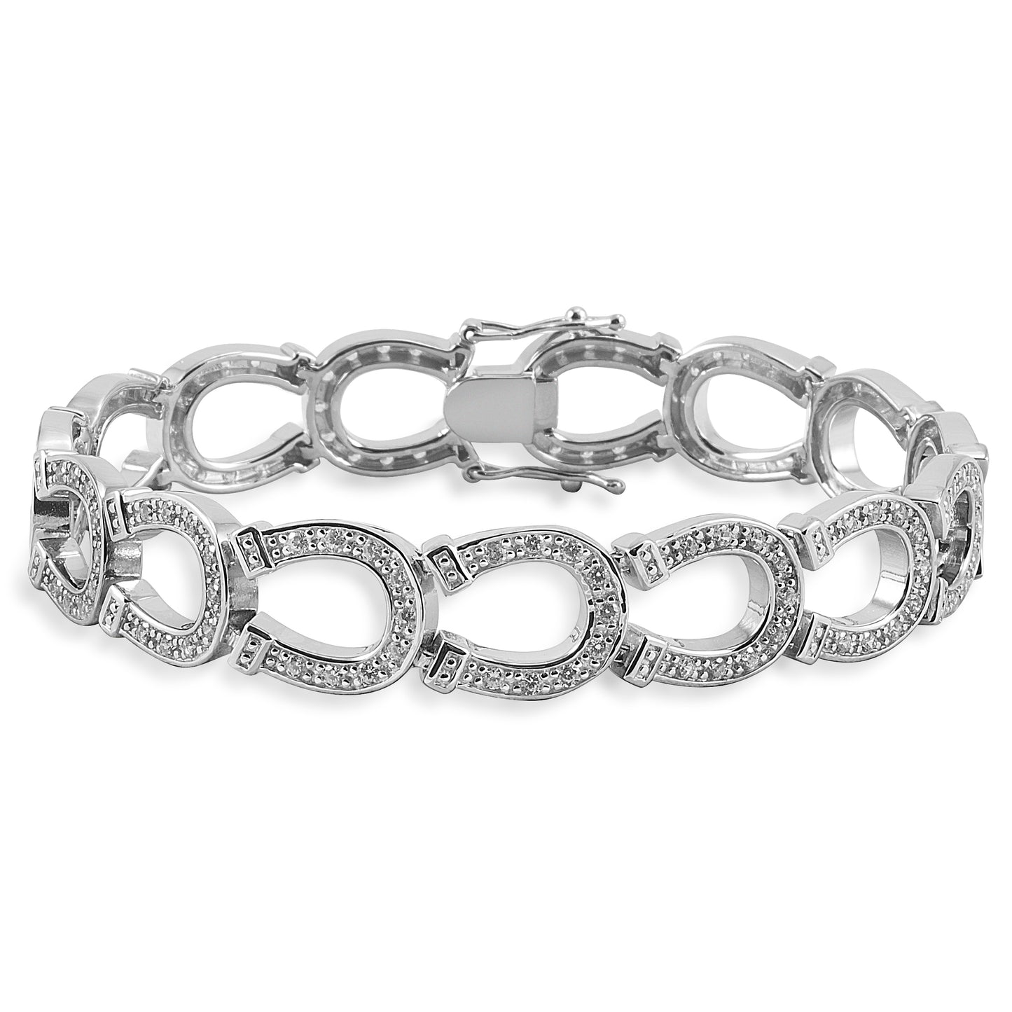 Forget about a tennis bracelet, an equestrian bracelet is much better! The Kelly Herd Horseshoe Bracelet is made of heel to toe linked horseshoes, all enhanced with diamonds. Available in your choice of white or yellow gold.  Features      Horseshoe chain bracelet     Available in white gold, or yellow gold     Diamonds     12mm wide x 71/4''