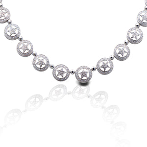     5 Point Star Design     Enhanced with Clear Cubic Zirconia Stones     Sterling Silver     Measures 19" in Length     Measures 12mm Wide