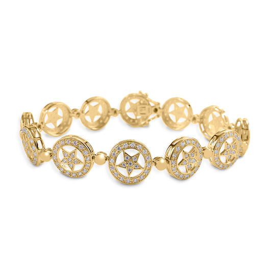     Bracelet made of connecting stars in circles     Enhanced with diamonds     Available in white, or yellow 14k gold     13mm wide x 7 1/4''