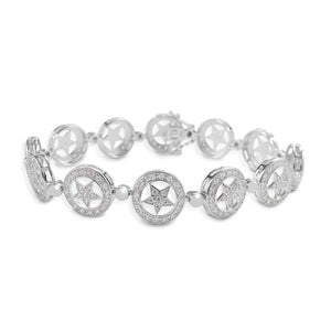     Bracelet made of connecting stars in circles     Enhanced with clear cubic zirconia stones     Sterling Silver     13mm wide x 7 1/4''