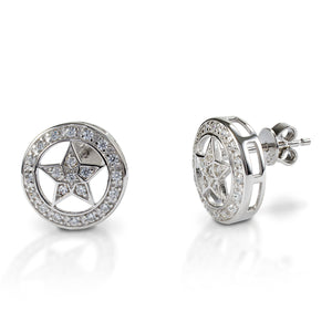 Kelly Herd Small Star Earrings have a Western flavor, but are classic enough that you could wear them anywhere for a touch of sparkle. Made of sterling silver, these stud earrings feature a star set inside a circle, enhanced with clear CZ stones. Matching bracelet, pendants and ring are available.  Features      Western star themed earrings.     Clear cubic zirconia stones     Sterling Silver     Stud backs     13mm wide