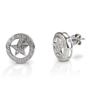Kelly Herd Small Star Earrings have a Western flavor, but are classic enough that you could wear them anywhere for a touch of sparkle. Made of your choice of white or yellow gold, these stud earrings feature a star set inside a circle, enhanced with diamonds. Matching bracelet, pendants and ring are available.  Features      Western star themed earrings.     Diamonds     Available in white, or yellow 14k gold     Stud backs     13mm wide