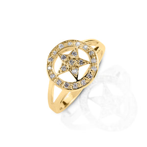 Show the world you're a star! The Kelly Herd Small Star Ring features a pave set diamonds star in a circle. Made of your choice of white or yellow gold, the open branching on the band keep this ring from looking bulky. A great gift idea for the star in your life!  Features      Western star themed ring     Diamonds     Available in white, or yellow 14k gold     Matching earrings, necklace, and bracelet available     13mm wide