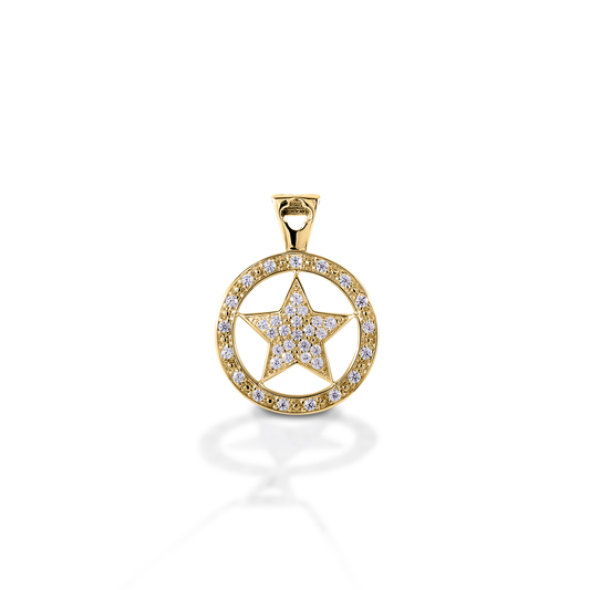 Let your star shine through! The Kelly Herd Star Pendant has a Western flair, but is classic enough that you could wear it with anything. Made of 14K gold, this pendant features a star set inside a circle, enhanced with diamonds. Matching bracelet, earrings and ring are available.  Features      Western star pendant     Enhanced with diamonds     Available in 14K gold     18mm wide