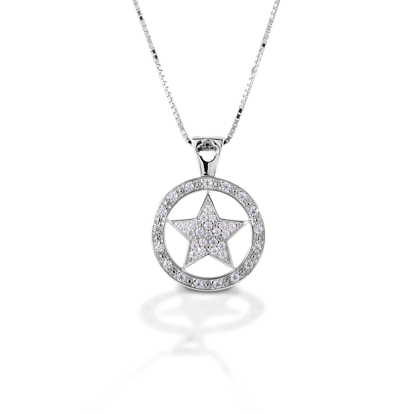 Let your star shine through! The Kelly Herd Star Necklace has a Western flair, but is classic enough that you could wear it with anything. Made of sterling silver, this pendant features a star set inside a circle, enhanced with clear CZ stones. Matching bracelet, earrings and ring are available. Comes with 16-18" adjustable chain.  Features      Western star pendant     Enhanced with clear cubic zirconia stones     Sterling Silver     Adjustable 16-18" chain     18mm wide