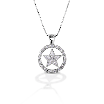 Let your star shine through! The Kelly Herd Star Necklace has a Western flair, but is classic enough that you could wear it with anything. Made of sterling silver, this pendant features a star set inside a circle, enhanced with clear CZ stones. Matching bracelet, earrings and ring are available. Comes with 16-18" adjustable chain.  Features      Western star pendant     Enhanced with clear cubic zirconia stones     Sterling Silver     Adjustable 16-18" chain     18mm wide