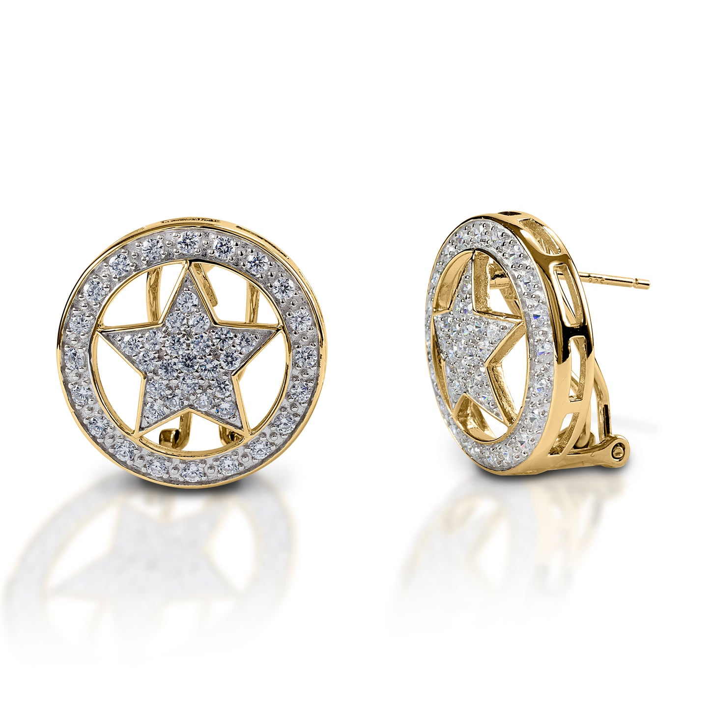 Kelly Herd Large Star Earrings have a Western flavor, but are classic enough that you could wear them anywhere for added glamour and sparkle. Made of your choice of white or yellow gold, these stud earrings feature a star set inside a circle, enhanced with diamonds. Matching bracelet, pendants and ring are available.  Features      Western star themed earrings.     Enhanced with diamonds     Available in white, or yellow 14k gold     Stud backs     18mm wide