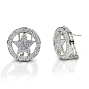 Kelly Herd Large Star Earrings have a Western flavor, but are classic enough that you could wear them anywhere for added glamour and sparkle. Made of sterling silver, these stud earrings feature a star set inside a circle, enhanced with clear CZ stones. Matching bracelet, pendants and ring are available.  Features      Western star themed earrings.     Enhanced with clear cubic zirconia stones     Sterling Silver     Stud backs     18mm wide