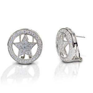 Kelly Herd Large Star Earrings have a Western flavor, but are classic enough that you could wear them anywhere for added glamour and sparkle. Made of your choice of white or yellow gold, these stud earrings feature a star set inside a circle, enhanced with diamonds. Matching bracelet, pendants and ring are available.  Features      Western star themed earrings.     Enhanced with diamonds     Available in white, or yellow 14k gold     Stud backs     18mm wide