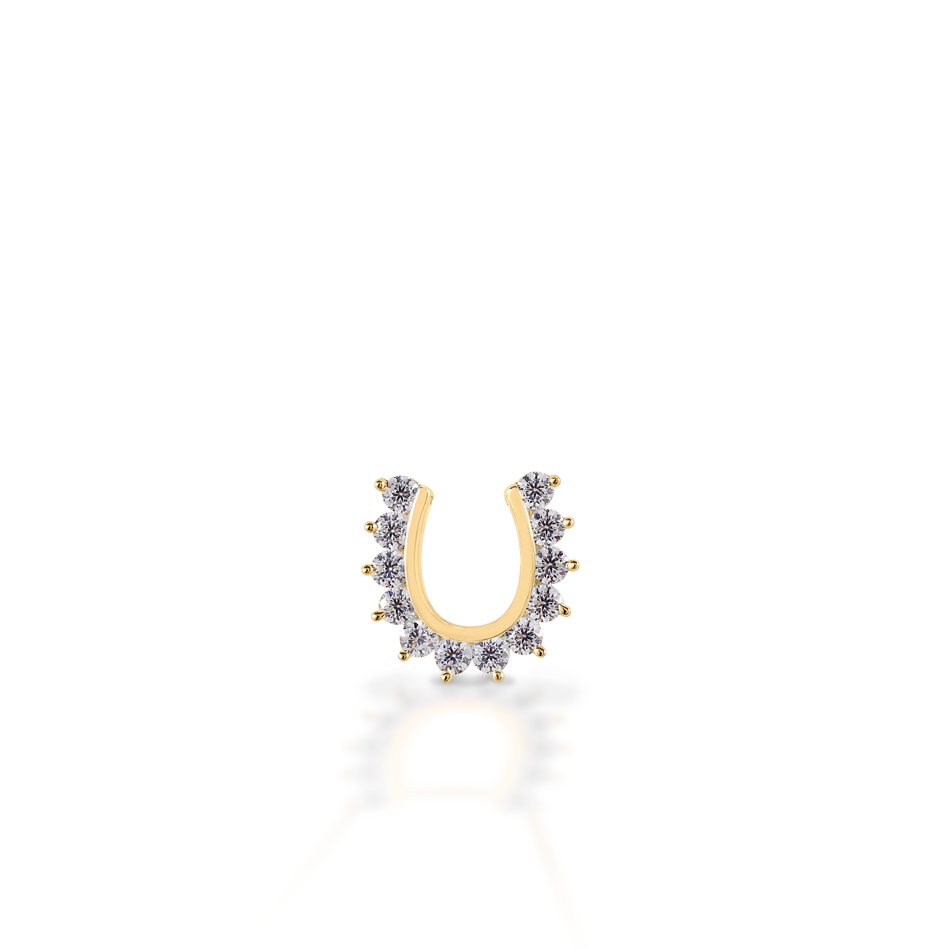 You wouldn't put this horseshoe on your horse, but it's awfully pretty! The Kelly Herd Horseshoe Pendant features a horseshoe shaped pendant with outside prong set diamonds, creating a scalloped edge. Available in 14k Gold.  Features      Horseshoe pendant     Diamonds     Available in 14K gold     12mm x 14mm