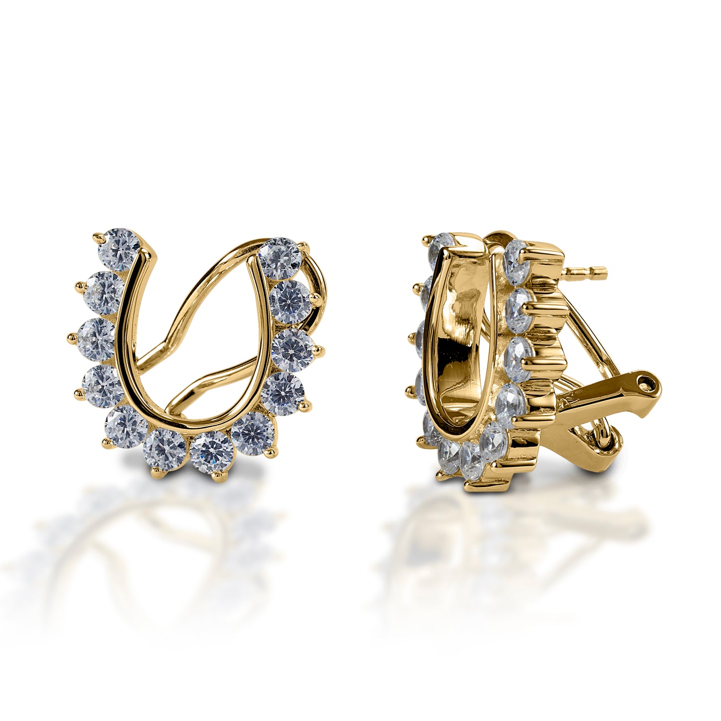 You wouldn't put these horseshoes on your horse, but they are awfully pretty! The Kelly Herd French Clip/Post Back Horseshoe Earrings have outside prong set diamonds on a horseshoe shape, creating a scalloped edge. Available in 14k yellow or white Gold.  Features      Horseshoe earrings     Diamonds     Available in white gold, or yellow gold     French clip back     12mm x 14mm