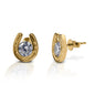 Stud earrings for horse lovers! Kelly Herd Horseshoe Stud Earrings feature diamonds surrounded by white or yellow gold horseshoes. The horseshoes are so detailed you can see tiny little nails!  Features      Horseshoe earrings     White or yellow gold with diamonds     Stud backs     12mm x8mm