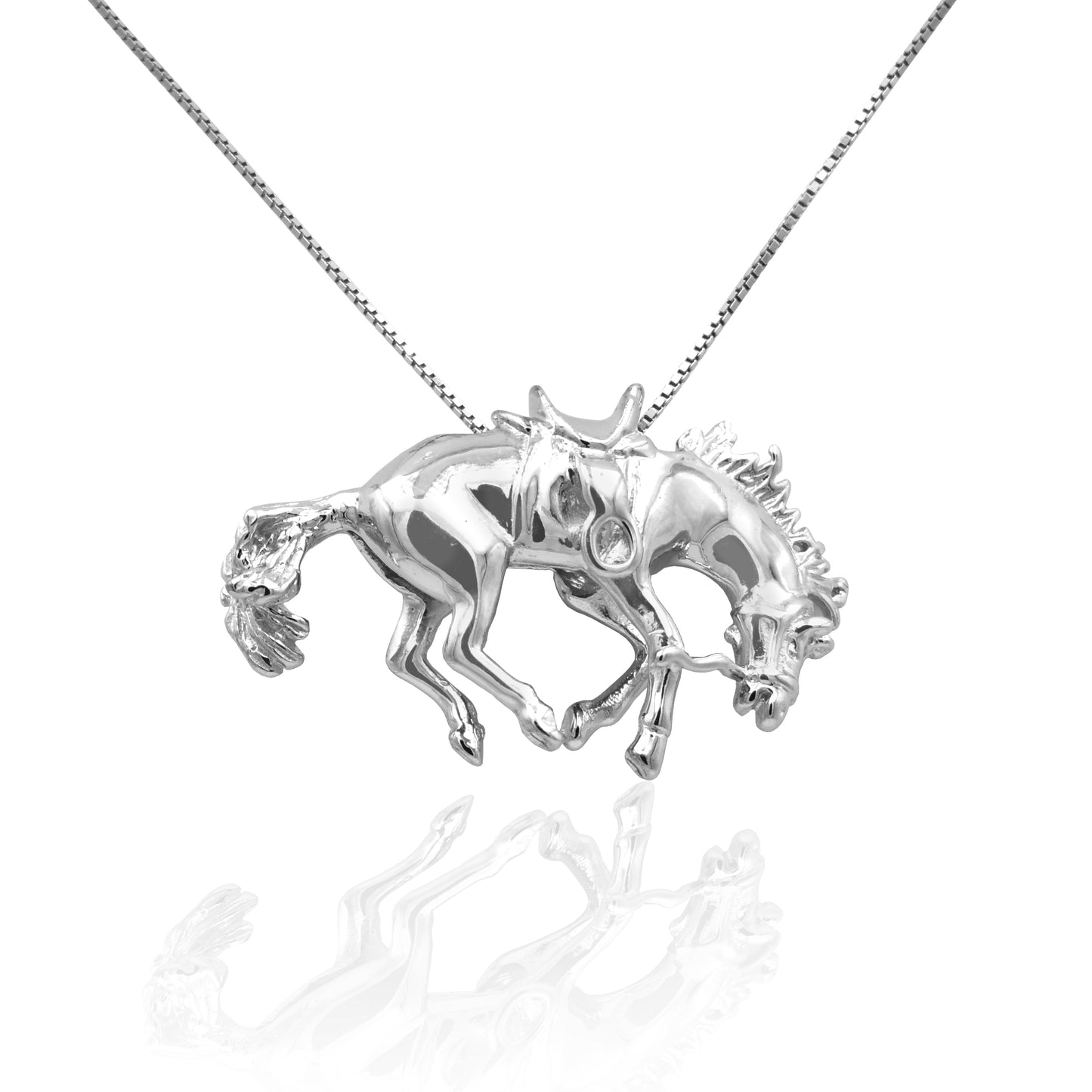 Whether you're a competitor or a spectator this pendant necklace is sure to evoke the freedom of the rodeo lifestyle. The Kelly Herd Bucking Saddle Bronc Pendant emotes the spirit of the horse and displays the spirit of the person wearing it.  Comes with 16-18" adjustable chain.