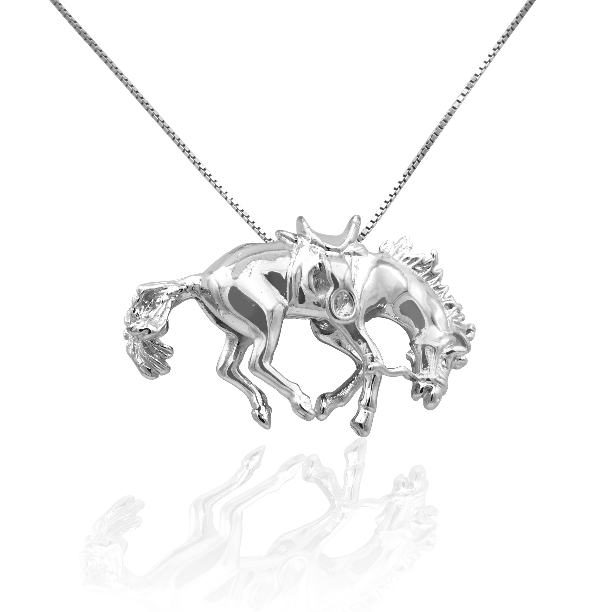 Whether you're a competitor or a spectator this pendant necklace is sure to evoke the freedom of the rodeo lifestyle. The Kelly Herd Bucking Saddle Bronc Pendant emotes the spirit of the horse and displays the spirit of the person wearing it.  Comes with 16-18" adjustable chain.