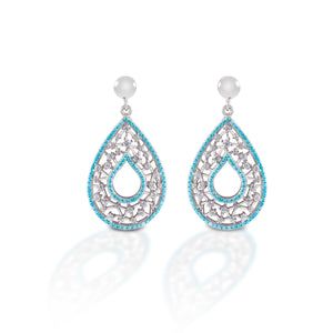 Kelly Herd Turquoise & Clear Teardrop Earrings are stunning.  These drop earrings consist of a teardrop shaped lattice of sterling silver and cubic zirconia stones, surrounded by small turquoise stones. The result is an elegant "lighter than air" look that is perfect for spring outfits, or perhaps your "something blue" at a wedding?!  Features:       Teardrop shape     Sterling silver lattice     Cubic zirconia stones     Turquoise stone frame