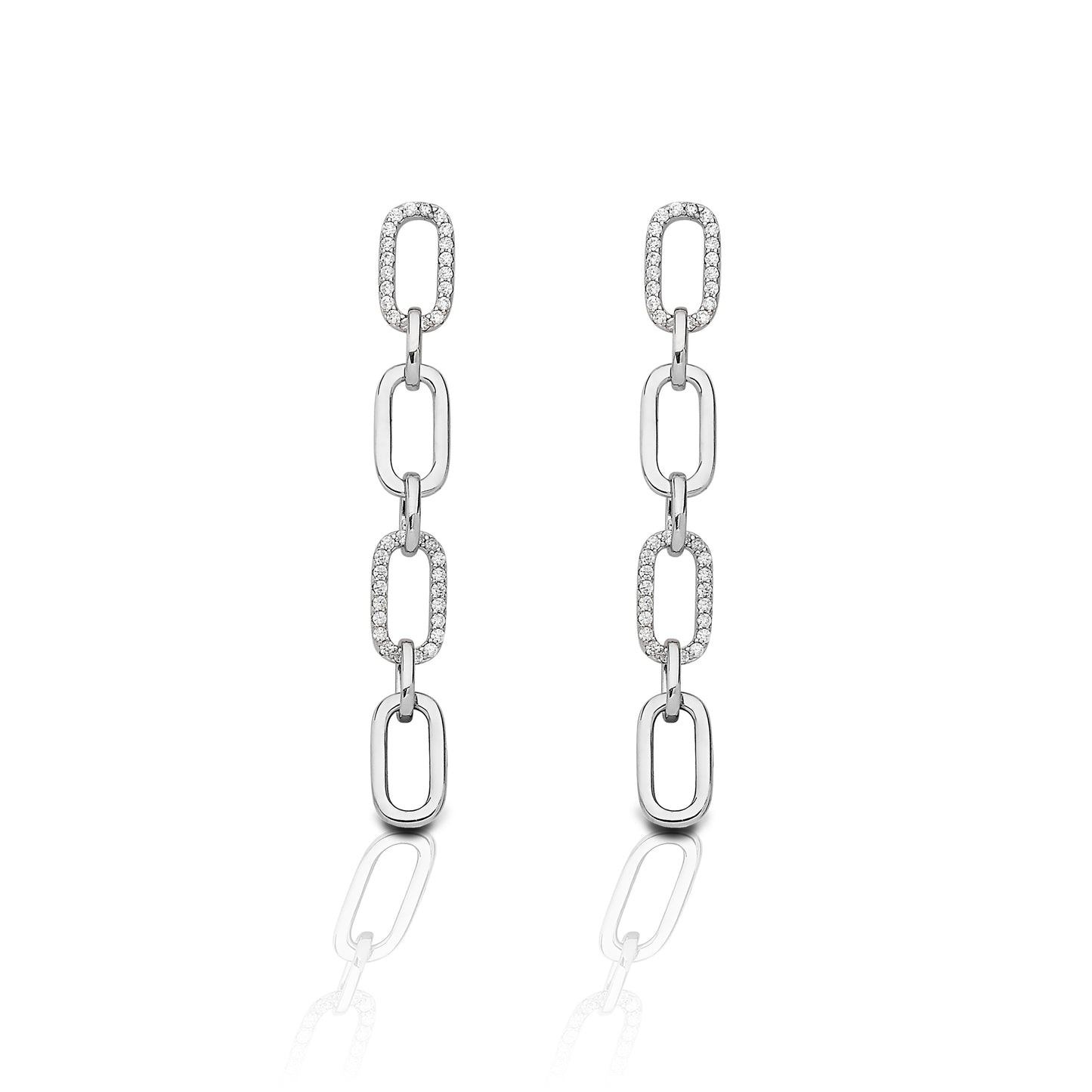 These simple yet stylish Kelly Herd 4 Link Paper Clip Earrings are a must have. The high polished sterling silver links make a dramatic statement when paired with the links set with clear cubic zirconia stones. These are perfect for everyday wear as well as a night out on the town.    Features      Stylish Paper Clip Design     Enhanced with Clear Cubic Zirconia Stones     Sterling Silver - Post Back     Measures 49mm high and 6mm wide