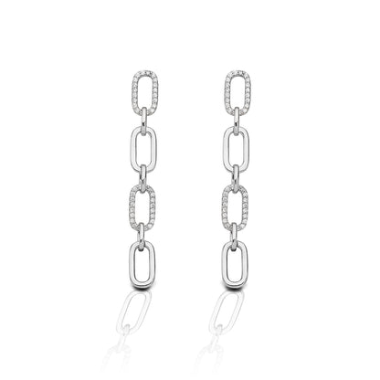 These simple yet stylish Kelly Herd 4 Link Paper Clip Earrings are a must have. The high polished sterling silver links make a dramatic statement when paired with the links set with clear cubic zirconia stones. These are perfect for everyday wear as well as a night out on the town.    Features      Stylish Paper Clip Design     Enhanced with Clear Cubic Zirconia Stones     Sterling Silver - Post Back     Measures 49mm high and 6mm wide