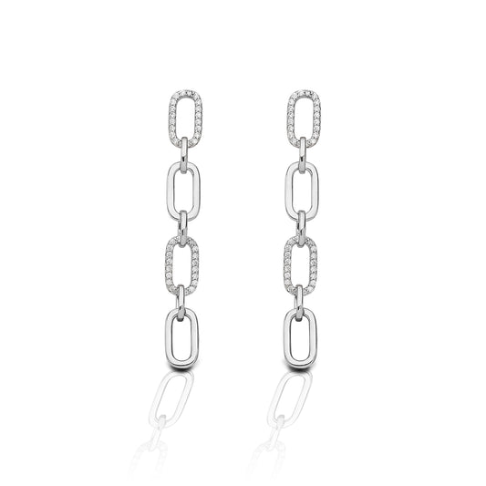 These simple yet stylish Kelly Herd 4 Link Paper Clip Earrings are a must have. The high polished sterling silver links make a dramatic statement when paired with the links set with clear cubic zirconia stones. These are perfect for everyday wear as well as a night out on the town.    Features      Stylish Paper Clip Design     Enhanced with Clear Cubic Zirconia Stones     Sterling Silver - Post Back     Measures 49mm high and 6mm wide