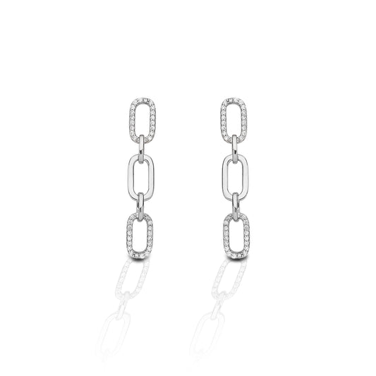 These simple yet stylish Kelly Herd 3 Link Paper Clip Earrings are a must have. The high polished sterling silver links make a dramatic statement when paired with the links set with clear cubic zirconia stones. These are perfect for everyday wear as well as a night out on the town.    Features      Stylish Paper Clip Design     Enhanced with Clear Cubic Zirconia Stones     Sterling Silver - Post Back     Measures 37mm high and 6mm wide