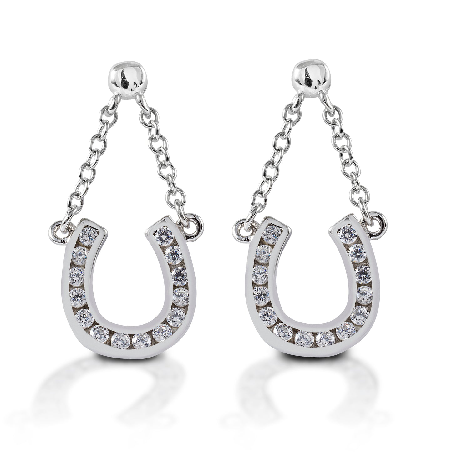 Kelly Herd Horseshoe Dangle Earrings are sterling silver post earrings with cubic zirconia enhanced horseshoes dangling on tiny chains.  These charming equestrian earrings will a bit of sparkle and motion to your style!  Features      Horseshoe motif earrings     Chain dangles     Sterling silver     Clear cubic zirconia