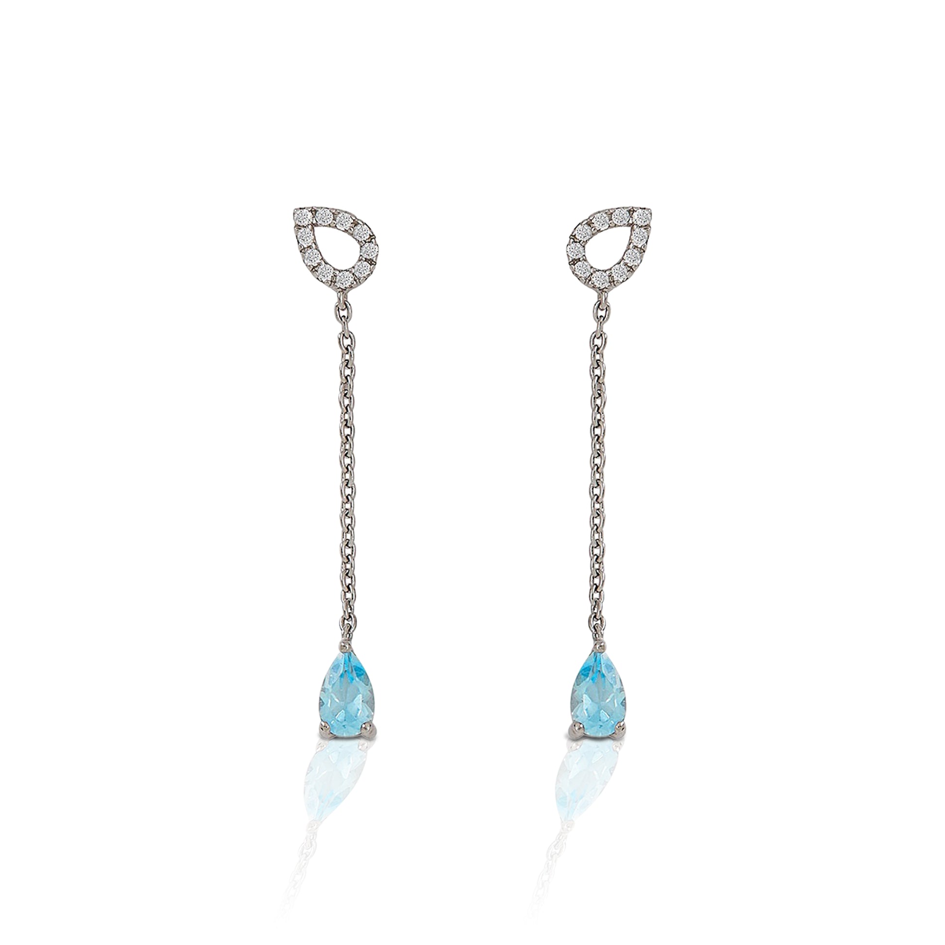 An ode to the Southwest, the Kelly Herd Blue Topaz Fixed Lariat Earrings are crafted in stunning sterling silver.  Reminiscent of a cowboy's lasso the hondos are accented with clear cubic zirconia stones and the tail is finished with teardrop cut sky blue topaz stones. These are a delicate reminder of your passion for equestrian style. These earrings are a perfect addition to the Kelly Herd Blue Topaz Fixed Lariat Necklace.