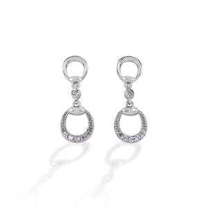 Your horse never had a bit this pretty! Kelly Herd's Eggbutt Dangle Earrings are beautiful sterling silver earrings shaped like an eggbutt snaffle bit. They feature clear cubic zirconia stones on the drop half of the earring.  Features:      Eggbutt bit shape     Sterling silver     Cubic zirconia stones