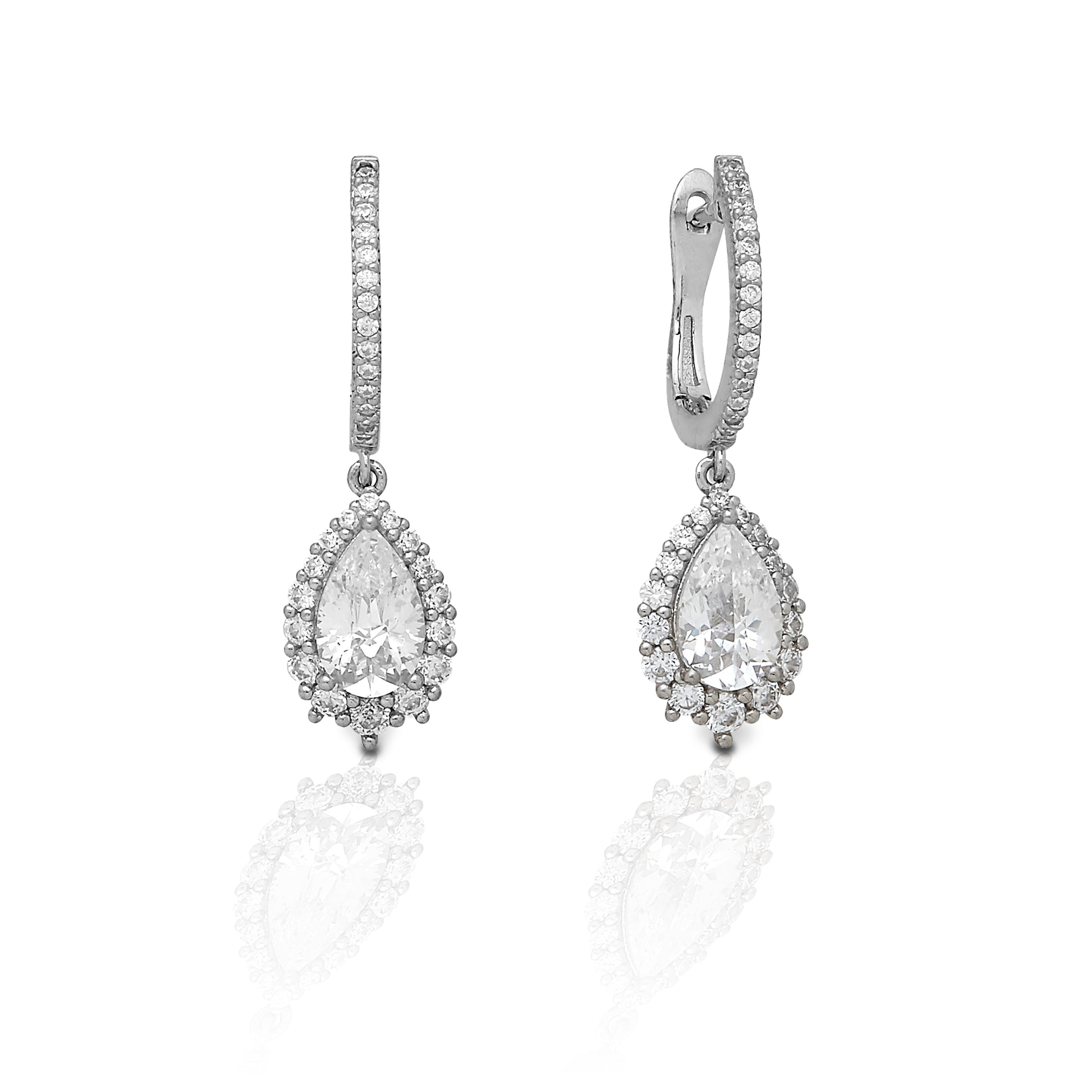 These distinctive pear shaped set of sparklers are the finishing touch for any occasion. Whether you need a little extra shine to catch the judge's eye in the ring or you're looking to stand out during a night on the town these are the perfect complement to any look.    Features      Stunning Halo Set Pear Design     Enhanced with Clear Cubic Zirconia Stones     Sterling Silver - Hoop Style     Measures 27mm high and 8mm wide