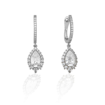 These distinctive pear shaped set of sparklers are the finishing touch for any occasion. Whether you need a little extra shine to catch the judge's eye in the ring or you're looking to stand out during a night on the town these are the perfect complement to any look.    Features      Stunning Halo Set Pear Design     Enhanced with Clear Cubic Zirconia Stones     Sterling Silver - Hoop Style     Measures 27mm high and 8mm wide