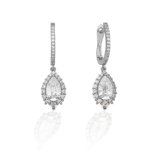 These distinctive pear shaped set of sparklers are the finishing touch for any occasion. Whether you need a little extra shine to catch the judge's eye in the ring or you're looking to stand out during a night on the town these are the perfect complement to any look.    Features      Stunning Halo Set Pear Design     Enhanced with Clear Cubic Zirconia Stones     Sterling Silver - Hoop Style     Measures 27mm high and 8mm wide