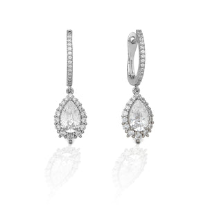 These distinctive pear shaped set of sparklers are the finishing touch for any occasion. Whether you need a little extra shine to catch the judge's eye in the ring or you're looking to stand out during a night on the town these are the perfect complement to any look.    Features      Stunning Halo Set Pear Design     Enhanced with Clear Cubic Zirconia Stones     Sterling Silver - Hoop Style     Measures 27mm high and 8mm wide