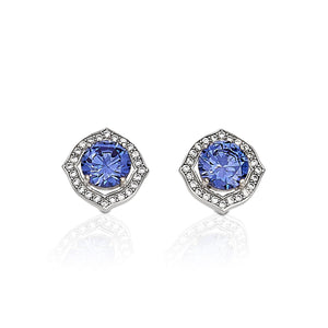 Classic with some curves! Kelly Herd's Blue with Clear Accents Earrings are a blue cubic zirconia solitaire , framed by clear cubic zirconia. Rather than straight lines, the frames curve and are set at angles, giving these earrings just a bit of a whimsical vibe. Matching necklace is available.