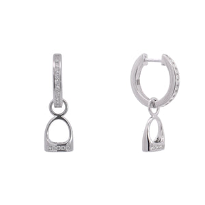 If you love the English style of riding and want to show off your equestrian pride, these English Stirrup Earrings are for you! Featuring a huggie style post and perfect for the show ring, these earrings will be sure to turn heads at any event!   Features      Hanging English Stirrup Design      Enhanced with Clear Cubic Zirconia Stones     Huggie Style Closure      Sterling Silver     Measures 25 mm x 8 mm