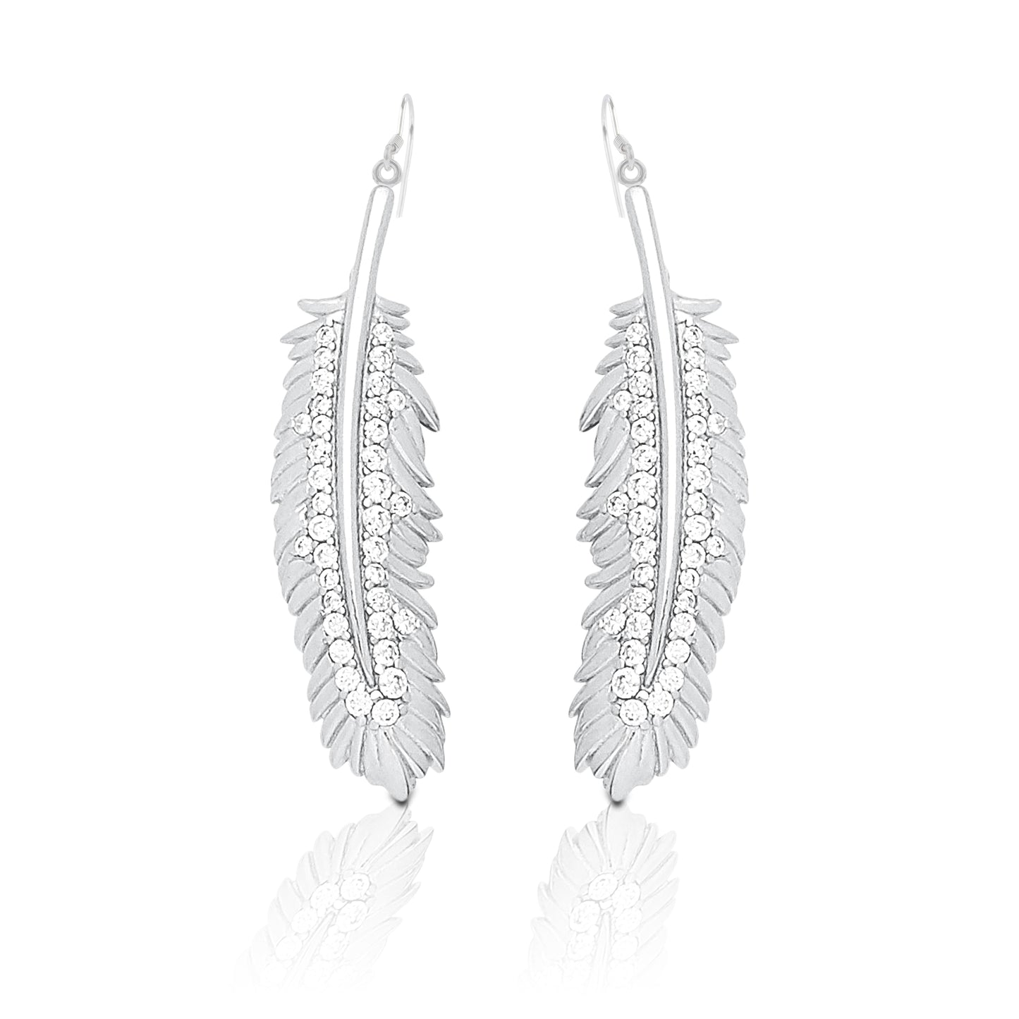 The Kelly Herd Shimmering Feather Dangle Earrings have a charming natural appeal. They are a must have for anyone with a free spirited sense of style. The engraved details of the feathers are accented with brilliantly sparkling cubic zirconia stones. These pair perfectly with the Kelly Herd Shimmering Feather Pendant Necklace.    Features      Detailed Feather Design     Enhanced with Clear Cubic Zirconia Stones     Dangle Hook Style     Sterling Silver     Measures 30mm high and 8mm wide