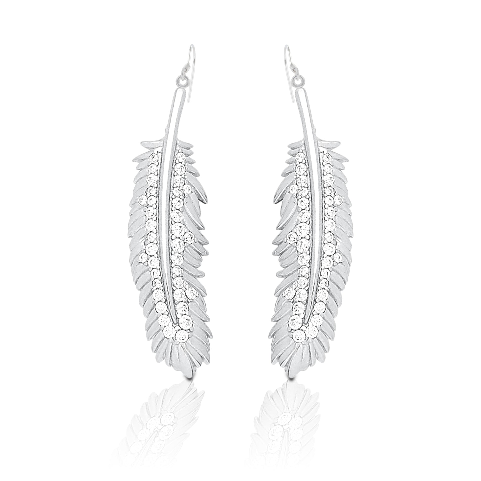 The Kelly Herd Shimmering Feather Dangle Earrings have a charming natural appeal. They are a must have for anyone with a free spirited sense of style. The engraved details of the feathers are accented with brilliantly sparkling cubic zirconia stones. These pair perfectly with the Kelly Herd Shimmering Feather Pendant Necklace.    Features      Detailed Feather Design     Enhanced with Clear Cubic Zirconia Stones     Dangle Hook Style     Sterling Silver     Measures 30mm high and 8mm wide