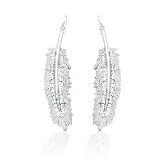 The Kelly Herd Shimmering Feather Dangle Earrings have a charming natural appeal. They are a must have for anyone with a free spirited sense of style. The engraved details of the feathers are accented with brilliantly sparkling cubic zirconia stones. These pair perfectly with the Kelly Herd Shimmering Feather Pendant Necklace.    Features      Detailed Feather Design     Enhanced with Clear Cubic Zirconia Stones     Dangle Hook Style     Sterling Silver     Measures 30mm high and 8mm wide