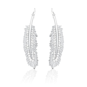 The Kelly Herd Shimmering Feather Dangle Earrings have a charming natural appeal. They are a must have for anyone with a free spirited sense of style. The engraved details of the feathers are accented with brilliantly sparkling cubic zirconia stones. These pair perfectly with the Kelly Herd Shimmering Feather Pendant Necklace.    Features      Detailed Feather Design     Enhanced with Clear Cubic Zirconia Stones     Dangle Hook Style     Sterling Silver     Measures 30mm high and 8mm wide