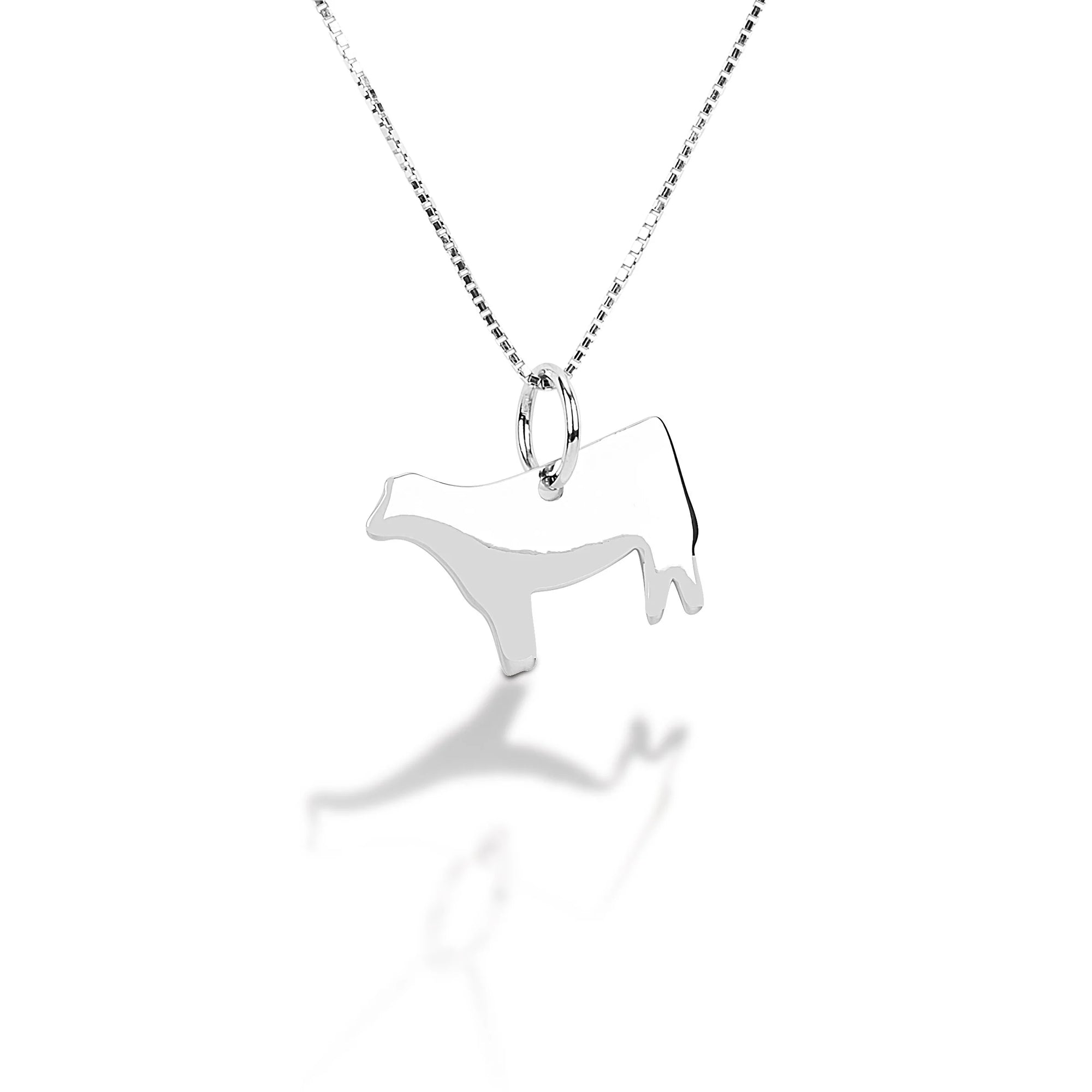 This beautiful pendant necklace captures the spirit of the barnyard. Wearing it will make you proud of your farm-raised heritage and you will definitely stand out in a crowd! This pendant is perfect for any occasion, from line dancing competitions to Rodeo Court appearances.    Features      Heifer Silhouette Pendant      Adjustable 16-18" chain     Sterling Silver     Measures 16 mm x 19 mm