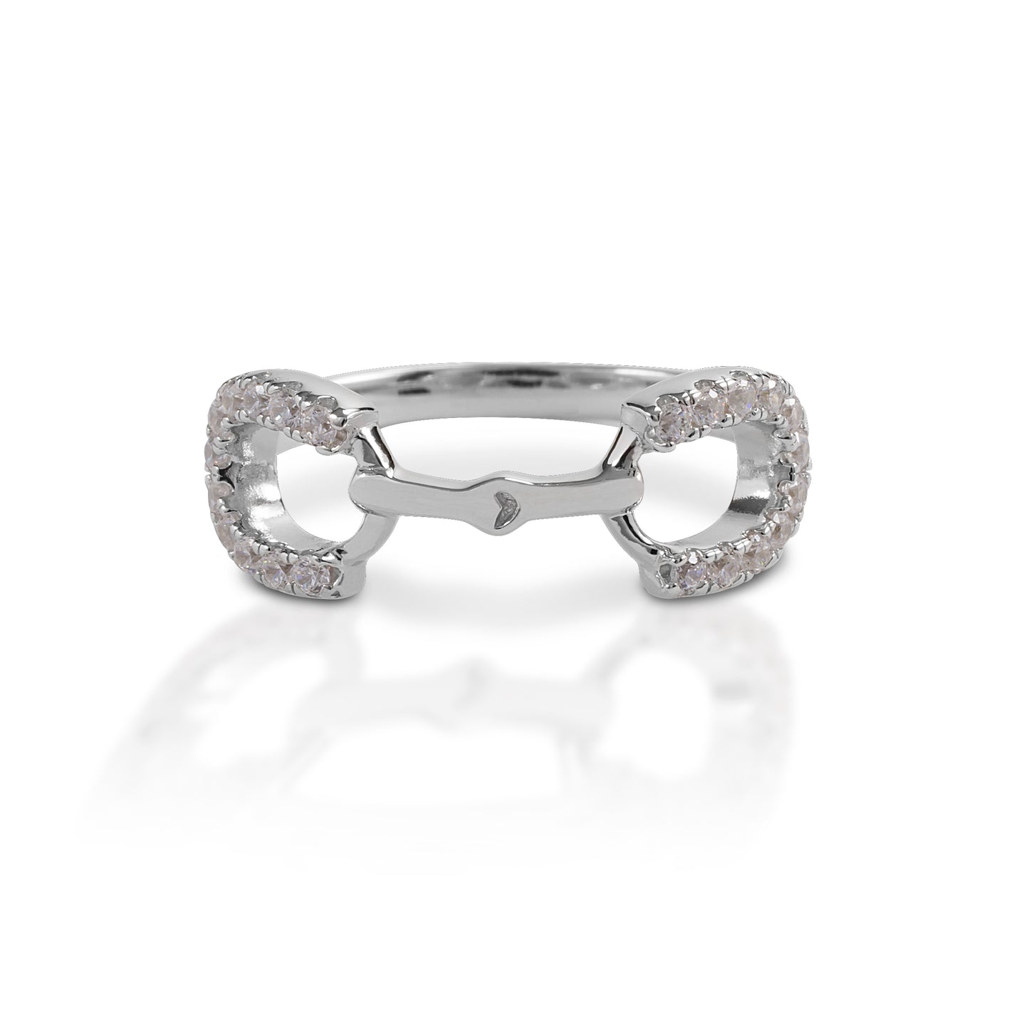 The Kelly Herd Clear Stone Horseshoe Bit Ring is made of sterling silver featuring a snaffle bit design with clear CZ enhanced horseshoes as the bit rings.  Features      English snaffle style ring     Enhanced with clear CZ stones     9mm wide