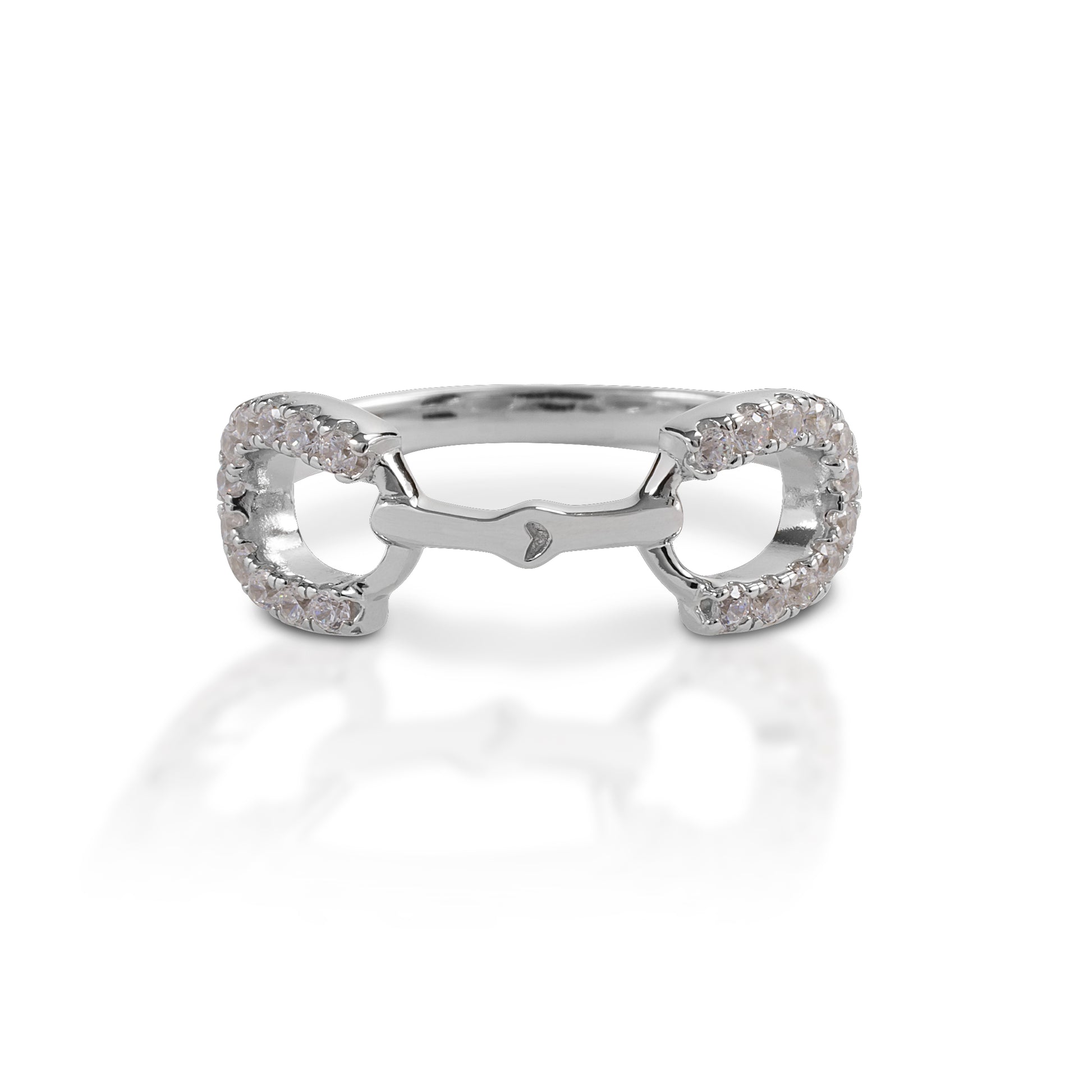 The Kelly Herd Clear Stone Horseshoe Bit Ring is made of sterling silver featuring a snaffle bit design with clear CZ enhanced horseshoes as the bit rings.  Features      English snaffle style ring     Enhanced with clear CZ stones     9mm wide