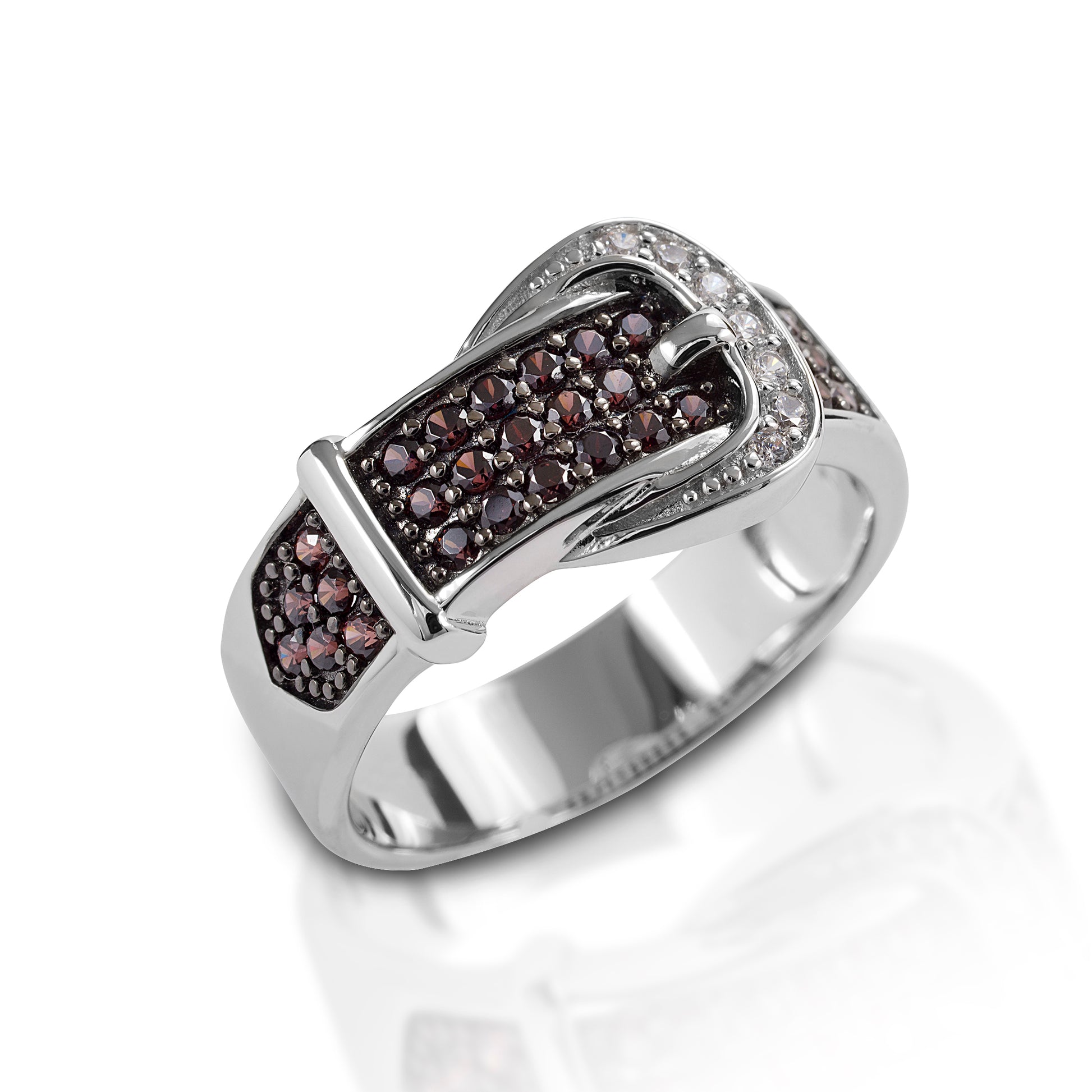 With beautiful Cognac CZ stones, the Kelly Herd Cognac Buckle Ring brings Western style to your fingertips. The "belt" is Cognac colored, like your best leather boots, and the "buckle" is bright clear CZ. Sterling silver.  Features      Western buckle ring     Cognac and clear CZ stones     Sterling silver     11mm wide