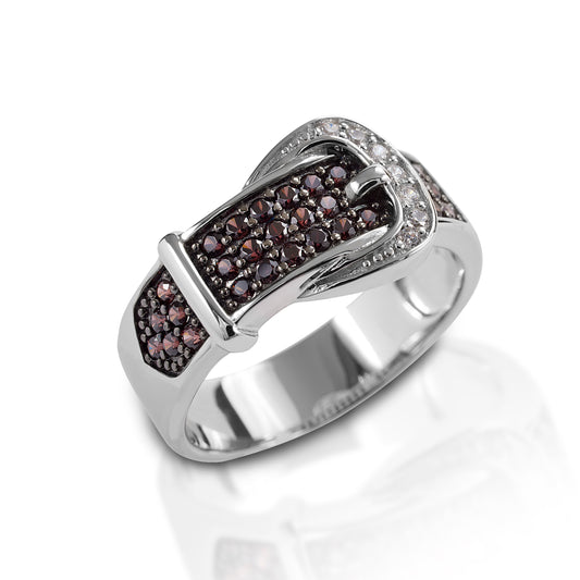 With beautiful Cognac diamonds, the Kelly Herd Cognac Buckle Ring brings Western style to your fingertips. The "belt" is Cognac colored diamonds, like your best leather boots, and the "buckle" is bright and clear. Available in your choice of white, or yellow 14k gold.  Features      Western buckle ring     Cognac and clear diamonds     Available in your choice of white, or yellow 14k gold.     11mm wide